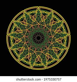 Celtic star circular pattern with tridecagram geometric shape clock pattern inside huge tridecagon with floral vortex vector pentagram background