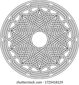Celtic star Decagram vector pattern ornament with circular circle and floral geometric background inside single huge circular decagon lining vector background coloring book
