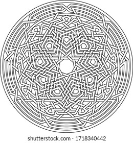 Celtic star Nonagram - Enneagram -  vector pattern ornament with circular circle and floral geometric background inside single huge circular nonagon lining vector background coloring book
