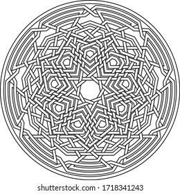 Celtic star Nonagram - Enneagram -  vector pattern ornament with circular circle and floral geometric background inside single huge circular nonagon lining background coloring book
