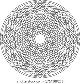 Celtic star Octagram vector pattern ornament with circular circle and floral geometric background inside single huge circular octagon lining vector
