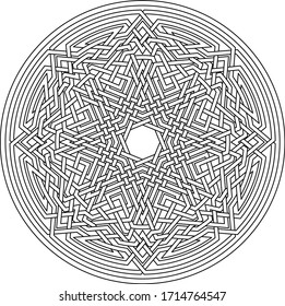 Celtic star Octagram vector pattern ornament with circular circle and floral geometric background inside single huge circular octagon lining vector
