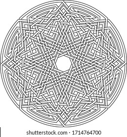 Celtic star Octagram vector pattern ornament with circular circle and floral geometric background inside single huge circular octagon lining vector
