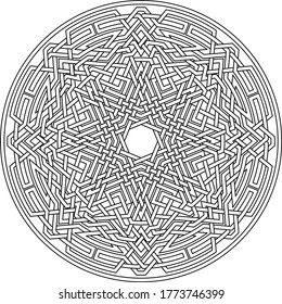 Celtic star Octagram vector pattern ornament with circular circle and floral geometric background inside single huge circular octagon lining vector background
