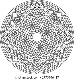 Celtic star Octagram vector pattern ornament with circular circle and floral geometric background inside single huge circular octagon lining vector
