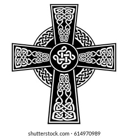Celtic style Cross with  endless knots patterns in white and black with stroke elements & surrounding black ring with knot element  inspired by Irish St Patrick's Day, Irish and Scottish carving art
