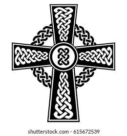 Celtic style Cross with eternity knots patterns in white and black with stroke elements and surrounding rounded knot element  inspired by Irish St Patrick's Day, and Irish and Scottish carving art
