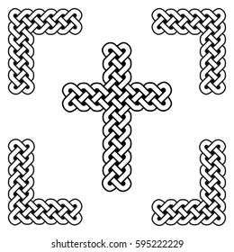 Celtic style endless curved  knot  cross symbols in white and black in knotted frame  inspired by Irish St Patrick's Day, and Irish and Scottish carving art
