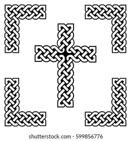 Celtic style endless   knot  cross symbols in white and black, with black filling between knots, in knotted frame  inspired by Irish St Patrick's Day, and Irish and Scottish carving art