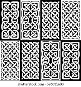 Celtic style endless knot rectangle symbols in white and black tile inspired by Irish St Patrick's Day, and Irish and Scottish carving art
