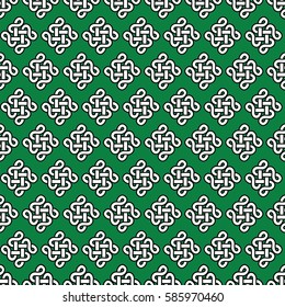 Celtic style endless knot symbol seamless pattern In white with black stroke on green background inspired by Irish St Patrick's Day,  Irish and Scottish Culture
