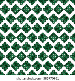 Celtic style endless knot symbol seamless pattern In green with black stroke on white background inspired by Irish St Patrick's Day,  Irish and Scottish Culture
