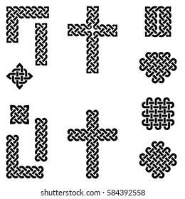 Celtic style endless knot symbols including border, line, heart, cross, curvy squares in  black on white background inspired by Irish St Patrick's Day, and Irish and Scottish Culture