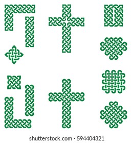Celtic style endless knot symbols including border, line, heart, cross, curvy squares in  Irish flag green on white background inspired by Irish St Patrick's Day, and Irish and Scottish Culture