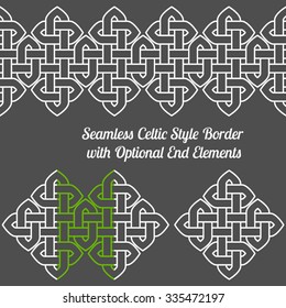 A Celtic style knot seamless border with optional end elements, vector illustration (isolated black outline on white background, sharp corners)