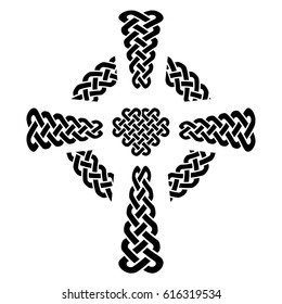 Celtic style knotted Cross with eternity knot patterns in white and black with surrounding rounded knot ring element  inspired by Irish St Patrick's Day, and Irish and Scottish carving art
