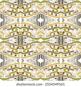 Celtic style knotted intricate lines and shapes vector seamless pattern. Ornamental decorative knots background. Repeat backdrop in beige brown golden colors. Endless texture. Beautiful ornaments.