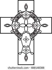 celtic style ornamental decorative cross. Line art black and white vector illustration.