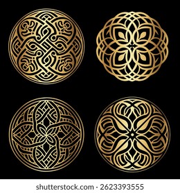 Estilo celta rodada ornamentos dourados vetor conjunto na coleção de fundo preto para projetos de design de luxo Logotipos de embalagem e marca
