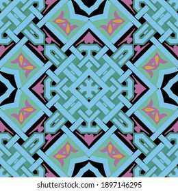 Celtic style seamless pattern. Vector ornamental colorful background. Repeat decorative tribal ethnic backdrop. Intricate geometric knots ornament. Abstract shapes, flowers. Elegant ornate design.