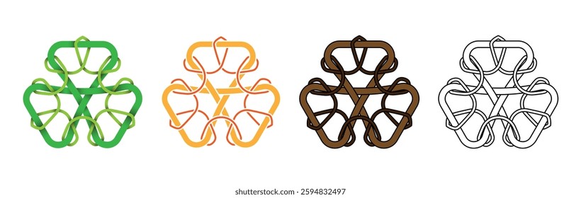 Celtic style shamrock made of intertwined ribbons. Logo, emblem. Four design options. Vector