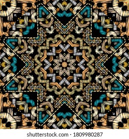 Celtic style textured seamless pattern. Colorful tapestry background. Repeat grunge colorful backdrop. Intricate ornaments. Embroidered ornate carpet texture. Abstract shapes, lines, knots, curves.