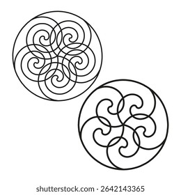 Celtic swirl circles. Triple knot vector. Interlaced line pattern. Minimal white backdrop.