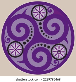Celtic Symbol - Celtic Knot and Triskelion Circle - Trinity - Sacred Geometry - Energy Dots and Dharma Wheel Violet and Purple Colors