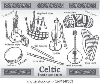 Celtic traditional instruments set. Vector illustration.