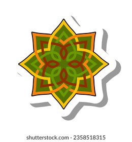 Celtic traditional pattern flat paper sticker icon. Mystical religious sign in shape of flower woven from green lines isolated on white background. Objects of cult worship, culture, tradition concept
