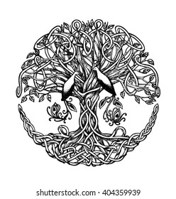 Celtic tree with birds of paradise. Graphic arts, dotwork