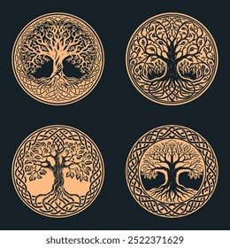 Árbol celta de la vida ornamento decorativo del Vector, artes gráficas, trabajo del punto. Ilustración vectorial grunge de los mitos escandinavos con la cultura celta. Negro y oro