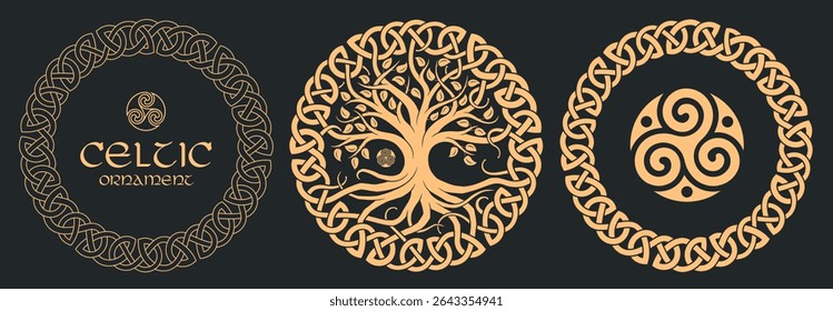 Árvore celta da vida, impressão tribal, nós trançados. Conjunto de ilustrações vetoriais