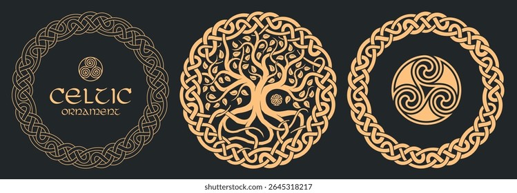 Árvore celta da vida, impressão tribal, nós trançados. Conjunto de ilustrações vetoriais
