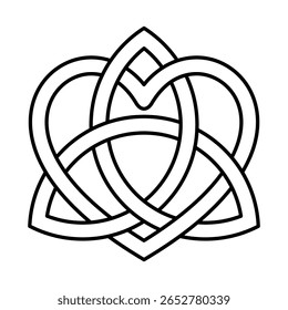 Nó triangular celta, entrelaçado com um coração. Um triquetra, um nó triangular sem costura e o símbolo da Santíssima Trindade, está entrelaçado com um coração, o símbolo do amor e da paz. Isolado. Vetor