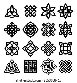 Celtic Trinity. Irish Knot, Pagan Tattoo Icon And Intertwined Line Loop. Interconnection Silhouette Vector Symbol Set. Ancient Ornament, Cultural Eternity Symbols Isolated On White