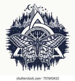 Celtic trinity knot and butterfly, Helm of Awe, aegishjalmur. Scandinavian symbols of Vikings, travelers, mascot  