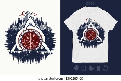 Celtic trinity knot, Helm of Awe, aegishjalmur. Print for t-shirts and another, trendy apparel design. Scandinavian symbols of Vikings 