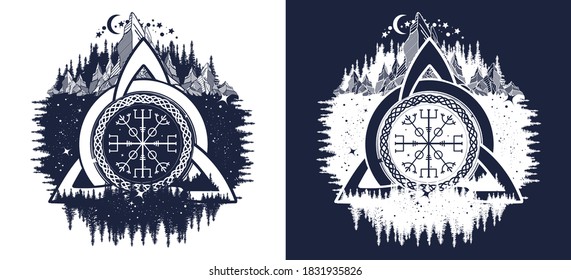 Nudo de la Trinidad Celta, Helm of Awe, aegishjalmur, tatuaje. Símbolos escandinavos de los vikingos, viajeros, mascota. Diseño de camisetas. Gráficos vectoriales en blanco y negro