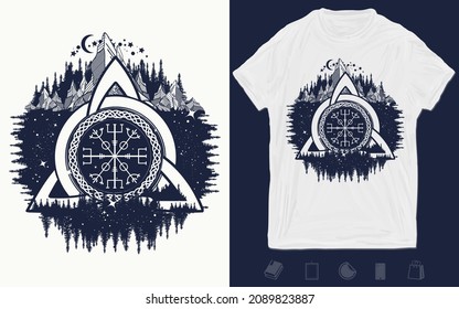 Celtic trinity knot, Helm of Awe, aegishjalmur, tattoo. Scandinavian symbols of Vikings, travelers, mascot. T-shirt design. Vector graphics template. Hand drawn illustration 