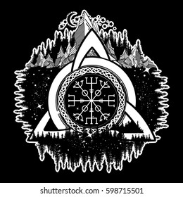 Celtic trinity knot, Helm of Awe, aegishjalmur. Scandinavian symbols of Vikings, travelers, mascot t-shirt design 