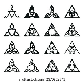 Celtic trinity knot Triquetra symbol set black monochrome line icon vector illustration. Tribal geometric infinity ornament rounded triangle art element culture charmed decoration Irish stencil