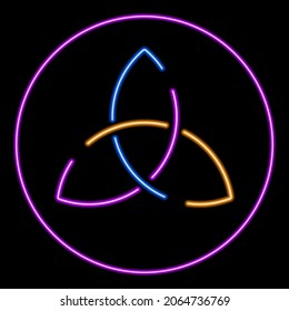 Celtic Triquetra knot neon sign, modern glowing banner design, colorful modern design trend on black background. Vector illustration.