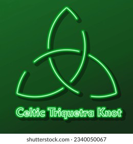 Celtic Triquetra knot neon sign, modern glowing banner design, colorful modern design trend on black background. Vector illustration.