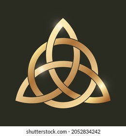 Nudo de triquetra celta sobre fondo negro. El nudo de la trinidad celta dorada. Figura triangular entrelazada. Símbolo de adivinación y protección de Wiccan. Señal oculta antigua. Plantilla de logotipo. Ilustración del vector