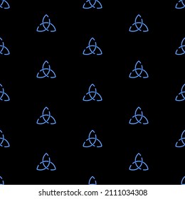 Celtic triquetra knot seamless pattern, bright vector illustration on black background.