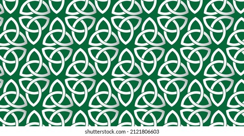 Celtic triquetra symbols seamless pattern. Elegant ornament on green background. Irish St. Patrick's day. Vector illustration