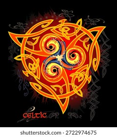 Desenho trisquelo celta. Sinal de magia étnica. Fantasia vintage desenho de antigo símbolo irlandês. Padrão de nó celta. Imprimir para logotipo, ícone, moeda, camiseta, crachá. Ilustração de vetor desenhada à mão.