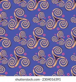 Celtic Triskele neolithic triple spiral symbol, three legs spiritual marking from Irish culture. Joining spirals Celtic Triskele vector swirl sign. Symbol of inner and outer worlds seamless pattern