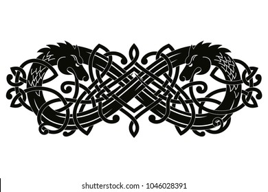 Celtic two-headed dragon with national ornament intertwined ribbon isolated on white background.